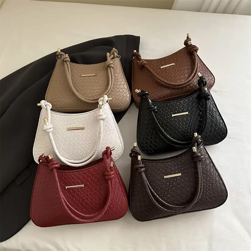 Korean Style Texturous Casual Simple Woven Pattern Solid Color Trendy Solid Color Retro Commuter Bagel Shoulder Underarm Bag for Women