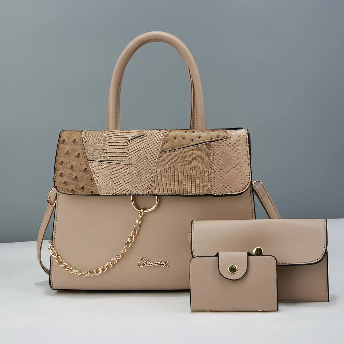 New Stitching Three-piece Women's Bag High-value Handbag Cross-border All-match Large Capacity Trendy Chain Accessories Bag Textile