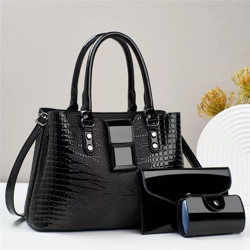 Three-Piece Set of Mother-In-Law Bags, Bright Leather Lizard Pattern, Trendyy Large-Capacity One-Shoulder Cross-Body Handbag Handbag