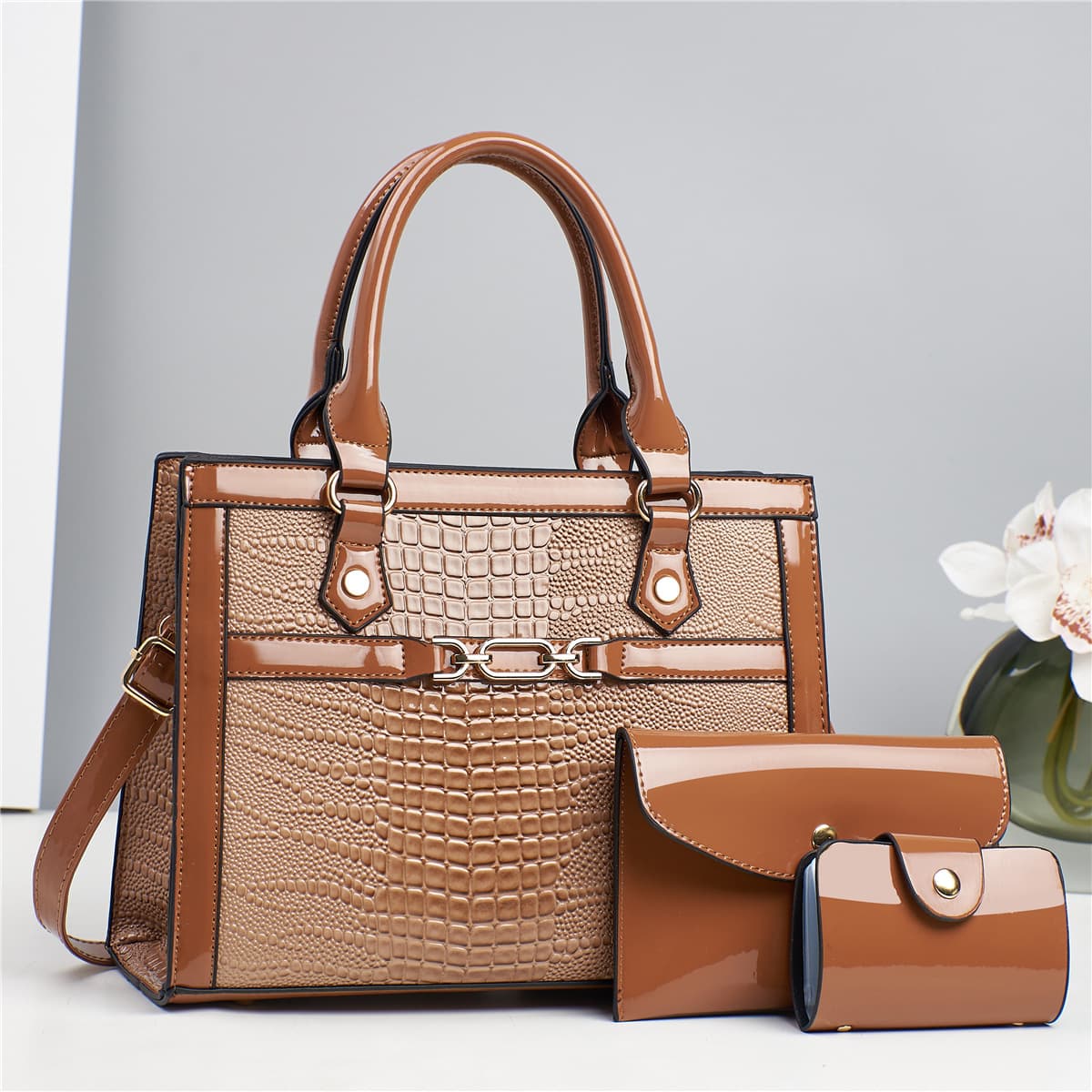 Bright Leather Bag Women's Three-Piece New Arrival Women's Handbag Autumn and Winter Large Capacity Commuting Single-Shoulder Crossbody Bag