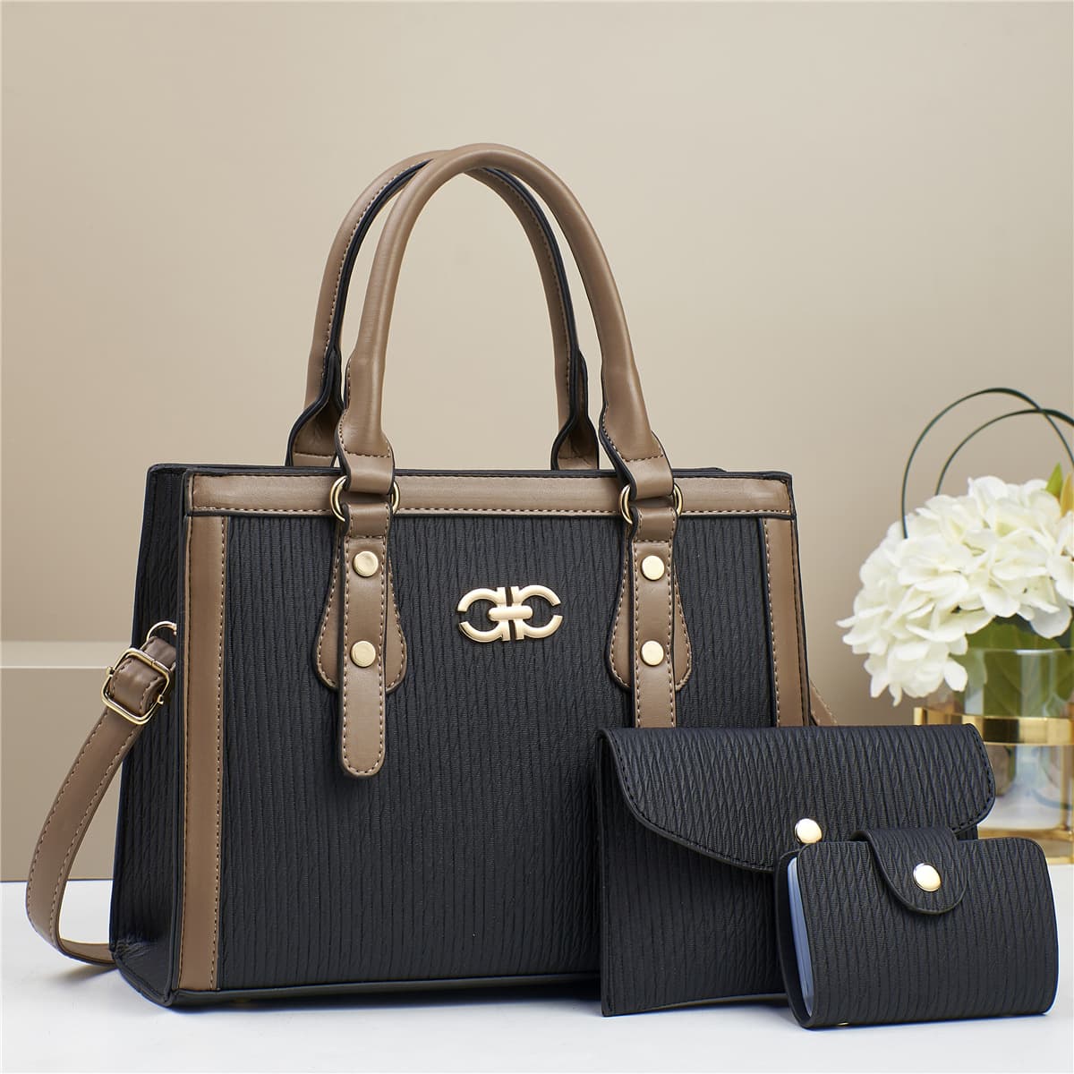 New Patchwork Striped Macaron Handbag Three-piece Set High-value Shoulder Bag Cross-border All-match Large Capacity Women's Bag