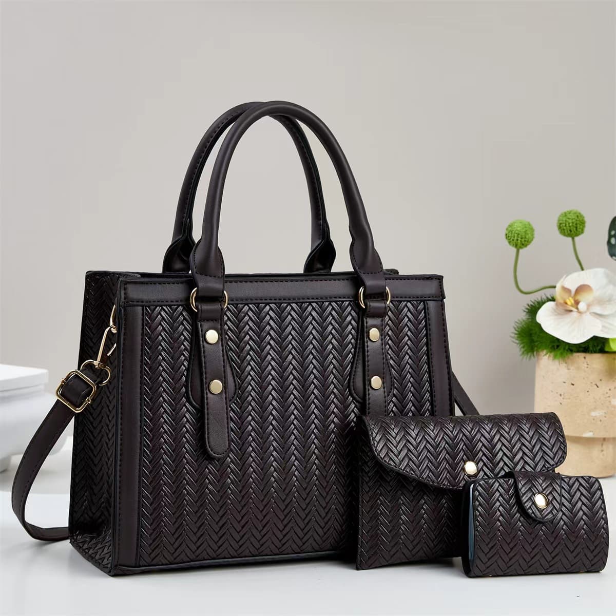 Cross-Border Solid Color Polyurethane Pu Versatile Mother-In-Law Bag Three-Piece Set Large-Capacity Shoulder Handbag High-Quality Crossbody Bag