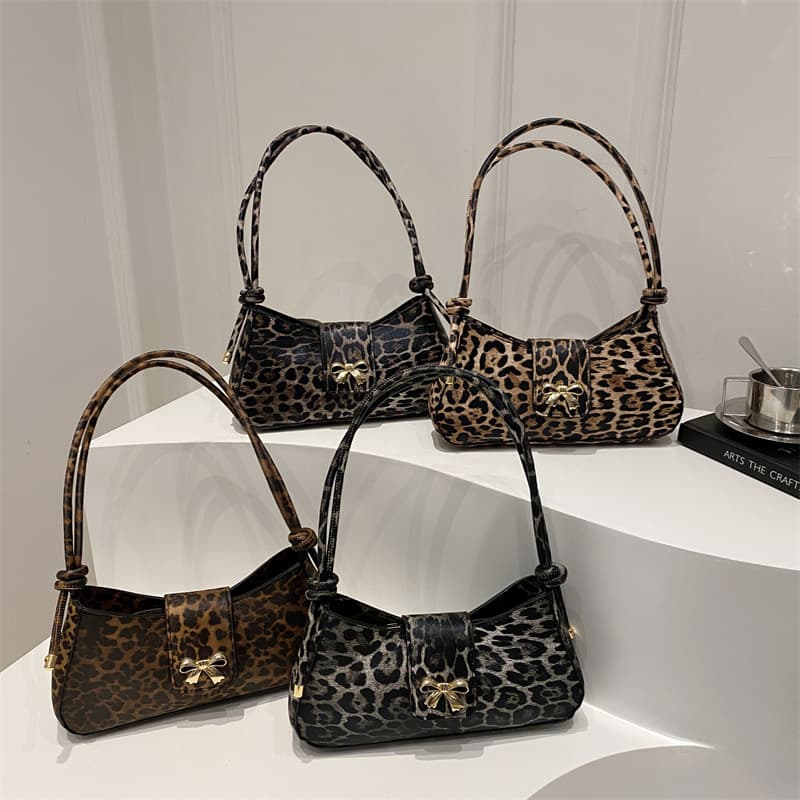 Casual Leopard Winter New Fashionable Simple Niche French Armpit Bow Shoulder Crossbody Bag Women's Bag