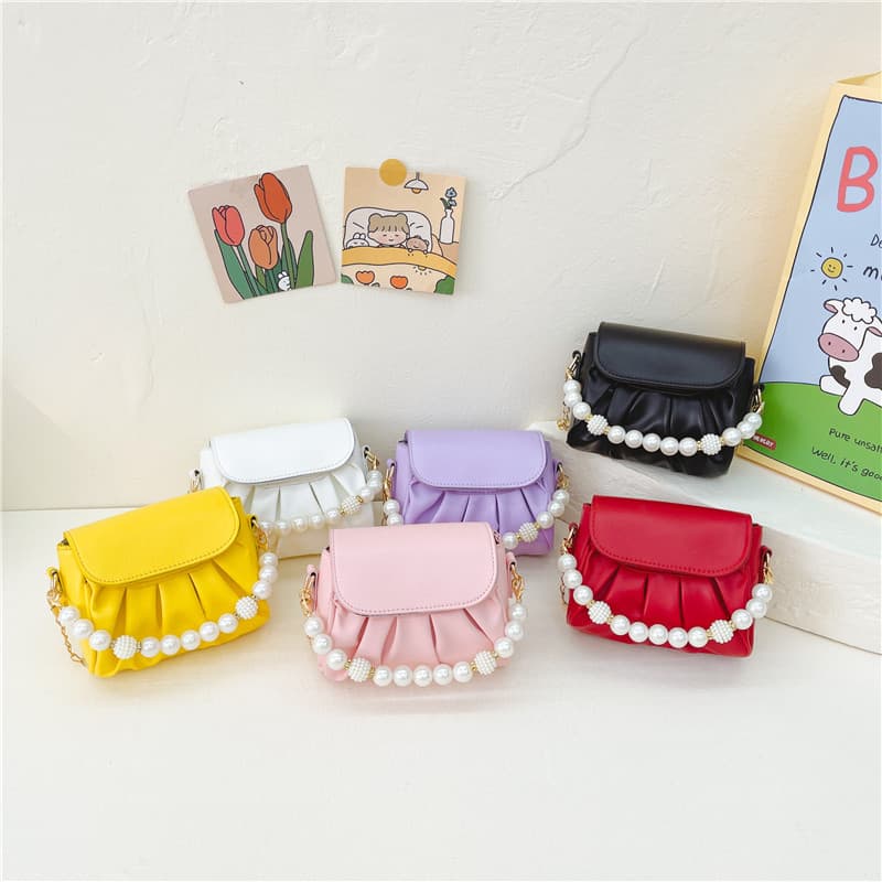 Fashionable Girls' Children's Small Bag New Style Pearl Handbag Princess Bag Pleated Coin Purse Chain Crossbody Bag