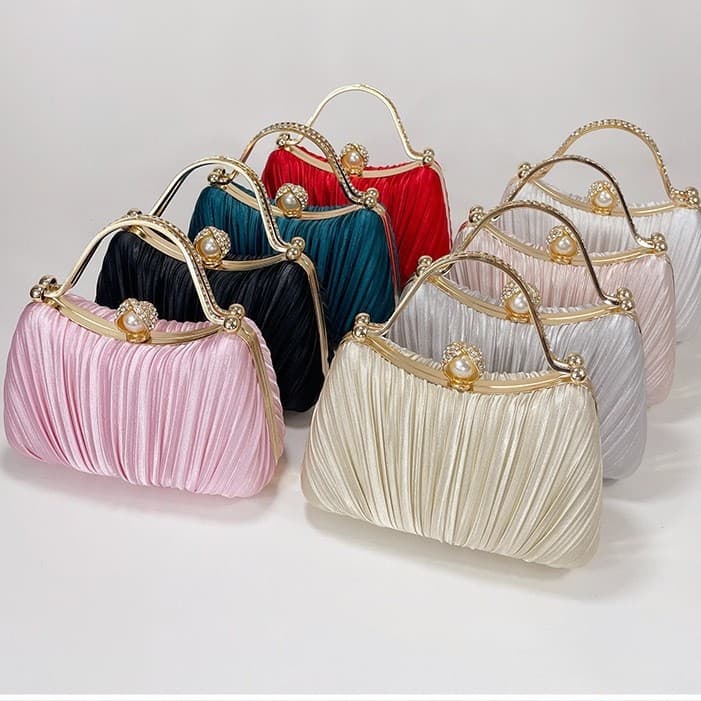 Cross-Border New Imitation Silk Evening Bag Clutch Bag High-End Socialite Temperament Dress Banquet Pleated Diamond Handbag