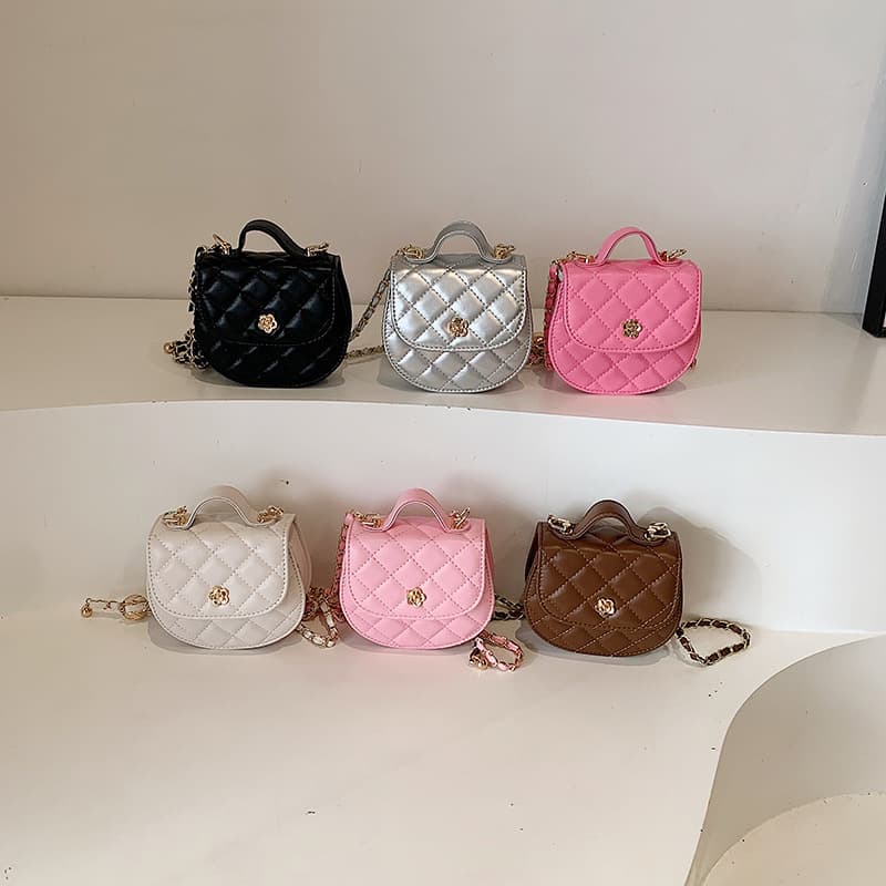 Children's Girl's Princess Handbag Small Fragrant Style Chain Camellia Small Round Bag Fashionable Shoulder Crossbody Bag
