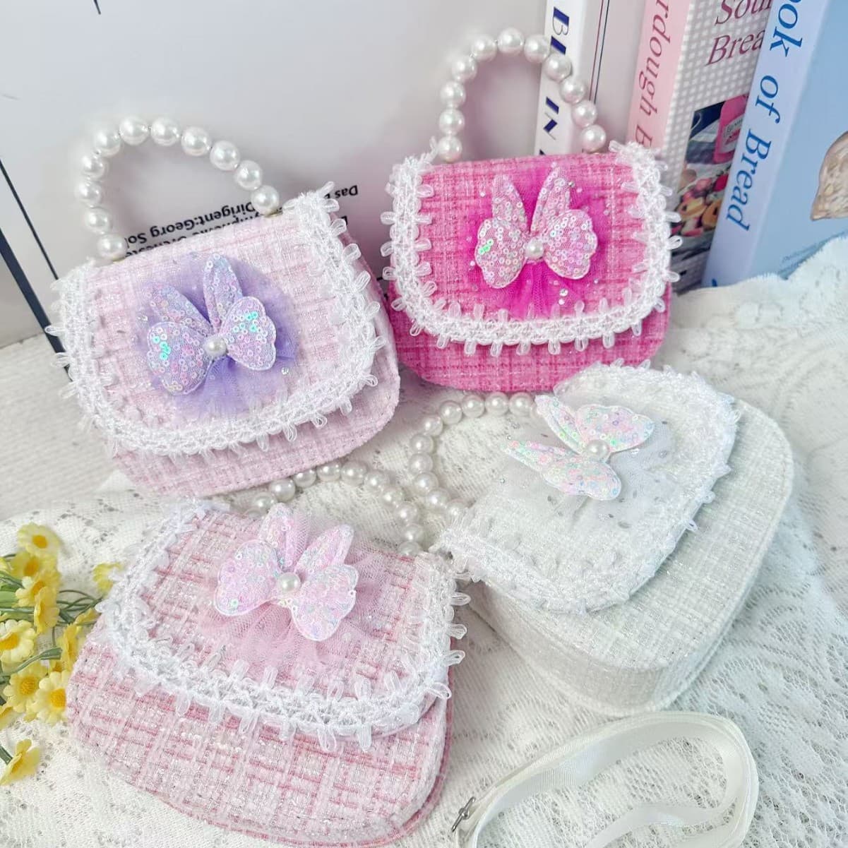 Cross-Border Children's Crossbody Small Square Bag Rabbit Patch Pearl Handbag Mesh Pearl Edge