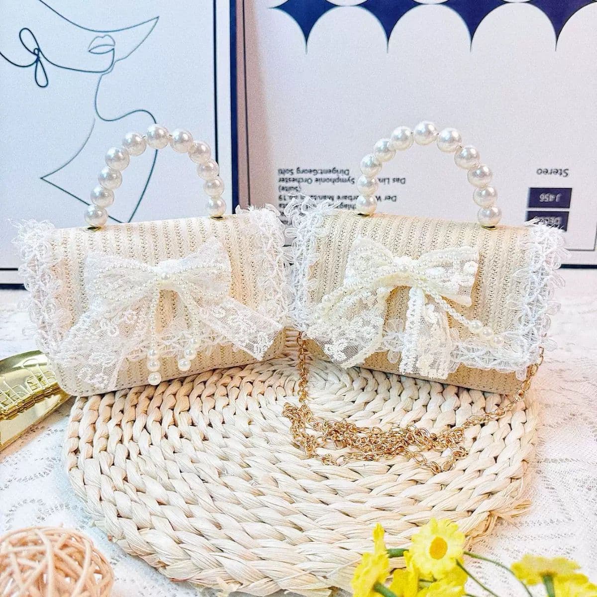 Cross-Border Children's Bags, Cute Girls' Cross-Body Bags, Butterfly Pearl Handbags, Mesh-Edged Summer Imitation Straw Bags