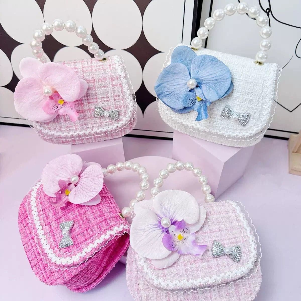 Cross-Border Children's Crossbody Small Square Bag Rabbit Patch Pearl Handbag Mesh Pearl Edge