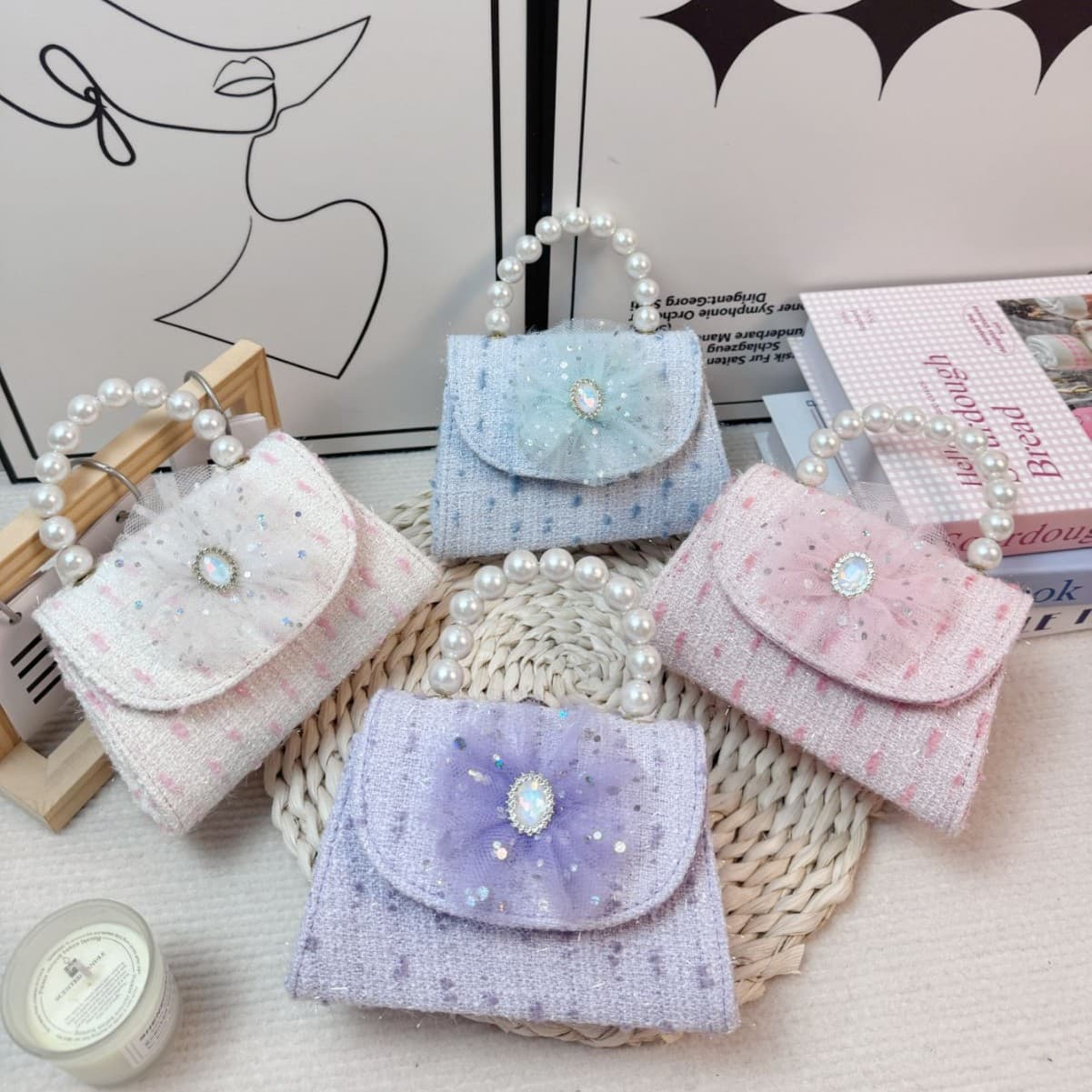 Cross-Border Children's Bags Cute Girls Crossbody Bag Butterfly Pearl Handbag Little Girl Cartoon Princess Mesh