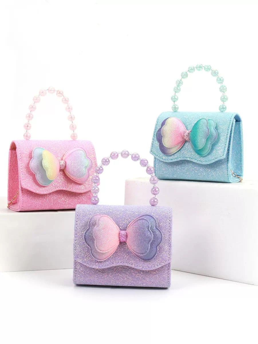 Children's Shoulder Bag for Girls, Daily and Evening Occasions, Beaded Handbag, Mini Bow Princess Bag, Crossbody, Lightweight