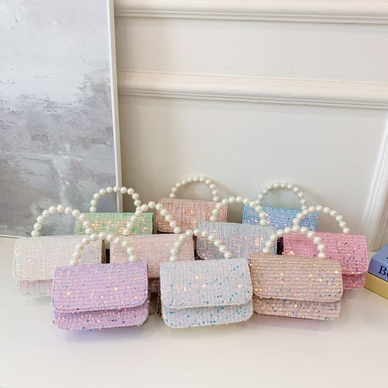 New small fragrant style pearl portable children's bag kindergarten children sequin messenger bag naked bag manufacturers wholesale