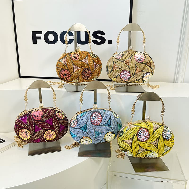 Cross-Border Sequin Evening Bag New Chinese Style Embroidered Hand-Held Box Bag Fashionable Chain Crossbody Bag